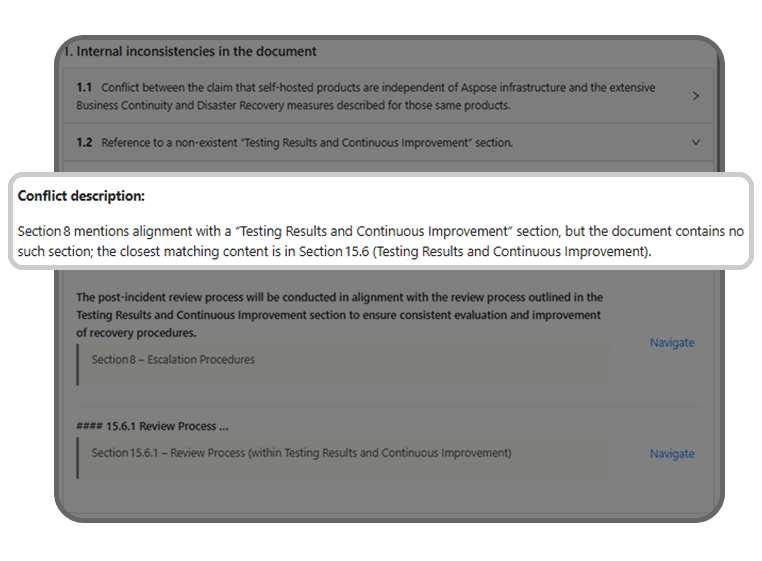 AI Document Analysis report highlighting conflict areas