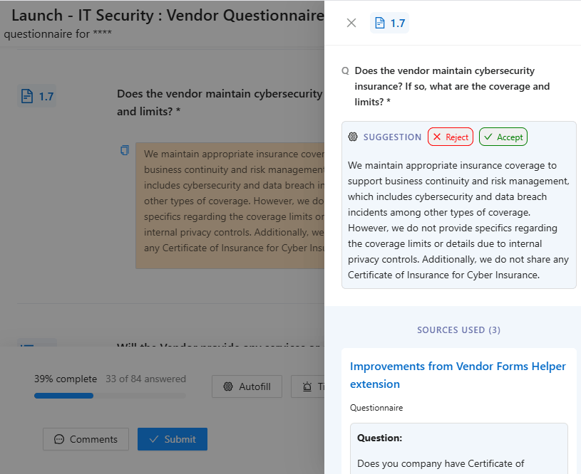 AI filling a questionnaire with highlighted suggested answers