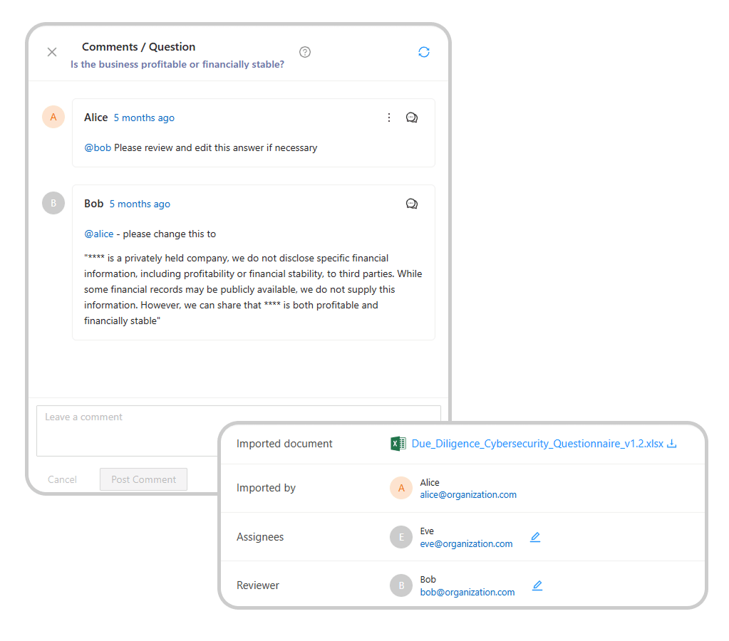 Team collaboration panel with comments and assignments